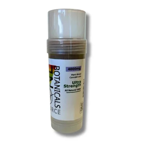 Menthol-free CBD Pain Salve Stick from One Source Botanicals shown in clear tube with branding on front.