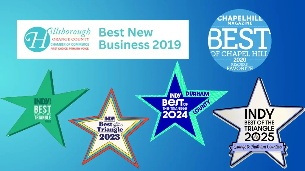 Award badges showing Carolina Hemp Hut wins from 2019 to 2025, including Best of Chapel Hill and multiple INDY Week Best of the Triangle honors.