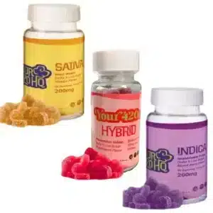 Three Your420HQ Delta 9 Live Rosin gummy bottles in Sativa, Hybrid, and Indica varieties, each shown with matching flavored gummies in front of the jars.