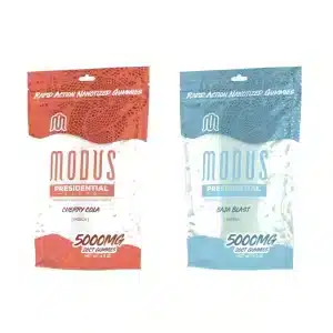 Two Modus Presidential Blend gummy bags in Cherry Cola Indica and Baja Blast Sativa, each featuring 5000mg nano-infused gummies designed for rapid effects.