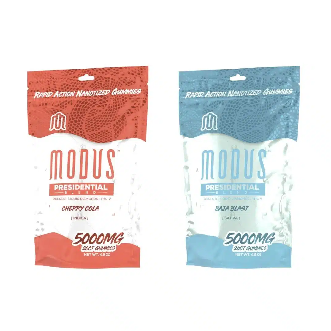 Two Modus Presidential Blend gummy bags in Cherry Cola Indica and Baja Blast Sativa, each featuring 5000mg nano-infused gummies designed for rapid effects.