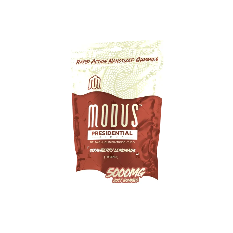 Modus brand Presidential Blend THCA gummies in Strawberry Lemonade flavor, Hybrid strain.