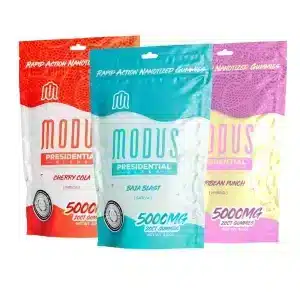 Modus brand THCA gummies, nano extracted for rapid onset, Presidential Blend made with Delta 8, THCA live diamonds and THCV. Twenty count bag with 250mg per gummy, comes in various flavors.