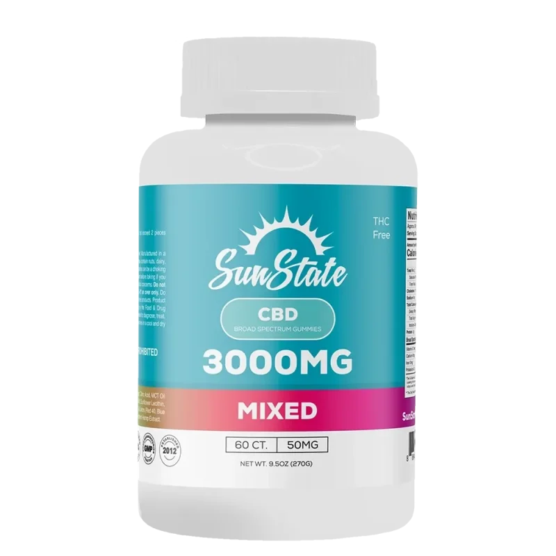 Sunstate Hemp broad spectrum 50mg gummies in 60 count.