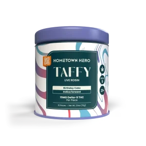 Hometown Hero taffies in Birthday Cake flavor, indica forward with 15mg Delta 9 THC per taffy.