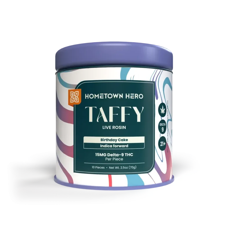 Hometown Hero taffies in Birthday Cake flavor, indica forward with 15mg Delta 9 THC per taffy.