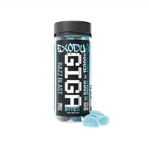 Exodus Gigabytes Razz Blast Gummies 15,000mg THC Blend in black jar with bright blue label and blue sugar-coated gummies in front.