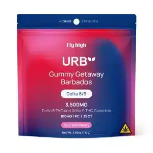 Urb Gummies with Delta 8 and Delta 9 Live Resin, totaling 100mg per gummy in a 35 count bag in Sour Waterberry flavor.