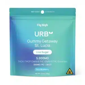 Urb Live Sugar Gummies Sour Blueberry flavor, premium hemp edibles with Delta 9 THC blend.