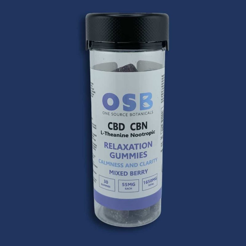 One Source Botanicals Relaxation Gummies in a 30ct. bottle, containing CBD, CBN and L-Theanine.