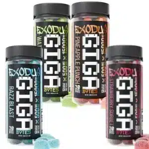 Exodus Gigabytes Gummies 15,000mg THC Blend in four flavors—Watermelon Kiwi, Pineapple Punch, Strawberry Sorbet, and Razz Blast—in tall black jars.