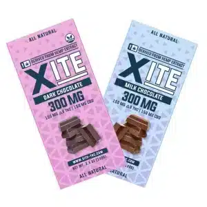 Xite brand chocolate bars with 150mg of Delta 9 and 150mg of CBD per bar totalling 300mg. Available in Milk or Dark Chocolate.
