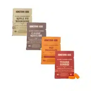 Hometown Hero brand alcohol flavored gummies infused with 5mg Delta 9 in four flavors. Apple Pie Moonshine, Mudslide, Tequila Sunrise and Old Fashion.