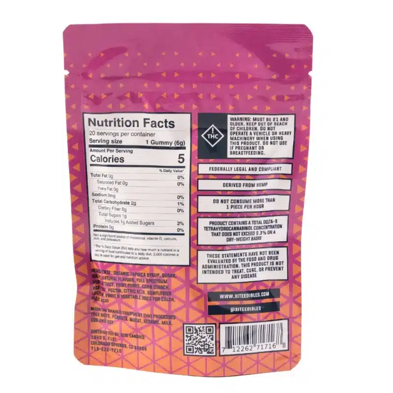 Xite brand Delta 9 and CBD gummies back of bag, nutritional information, ingredients and disclaimer.