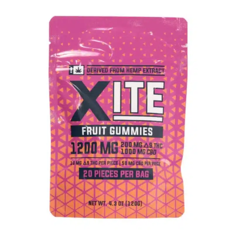 Xite brand Delta 9 gummies in fruit flavor 20 ct. bag. 100mg CBD plus 20mg Delta 9 THC per gummy.