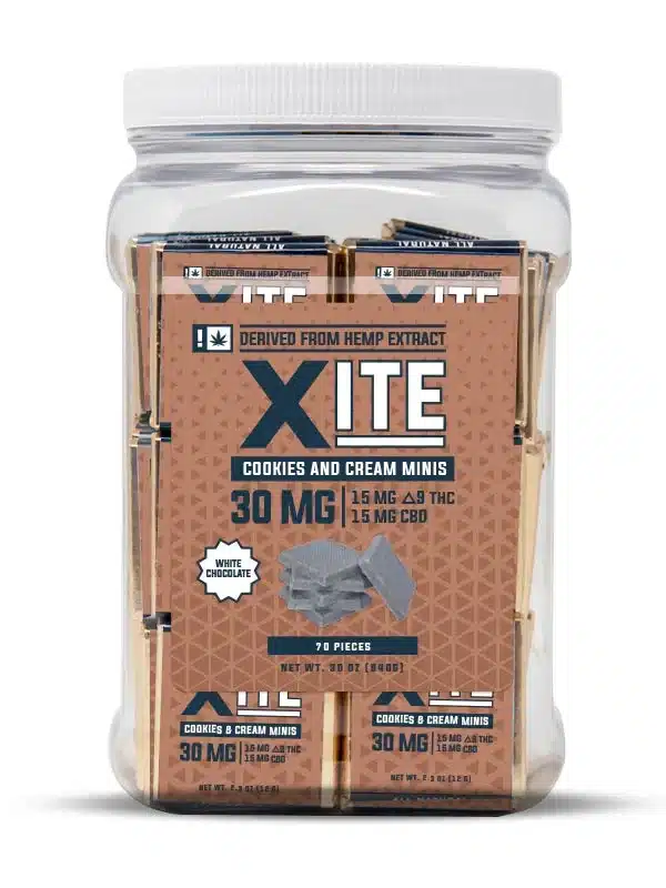 Front of Xite Delta 9 chocolate squares tub.