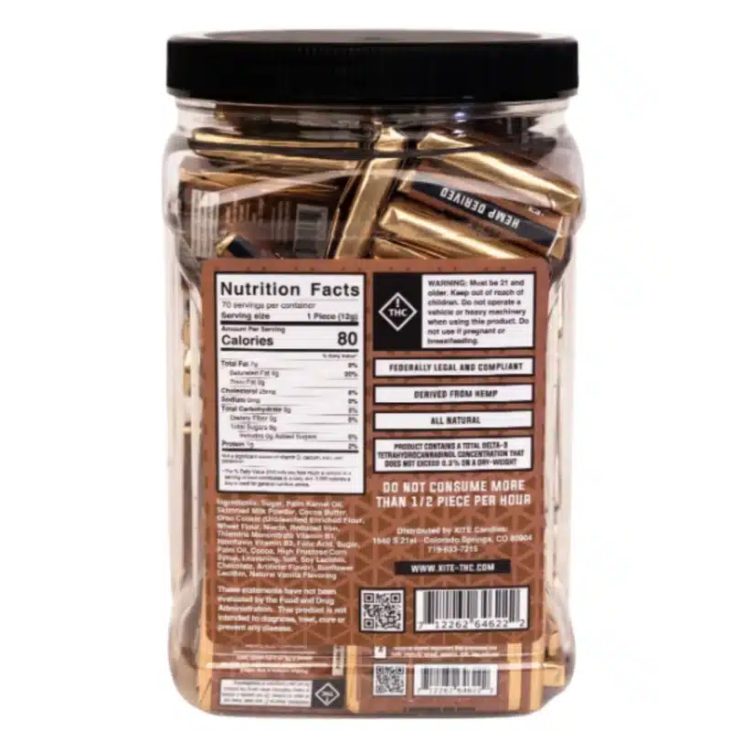 Back of Xite tub of Delta 9 chocolate squares.