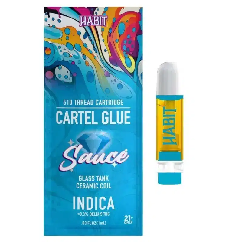 Habit brand 1g THCA Diamond Sauce cartridge in Cartel Glue strain, (Indica).