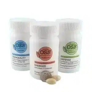 One Source Botanicals Trio of Mushroom Supplement capsules including Energize, Tranquility and Defense Blends.