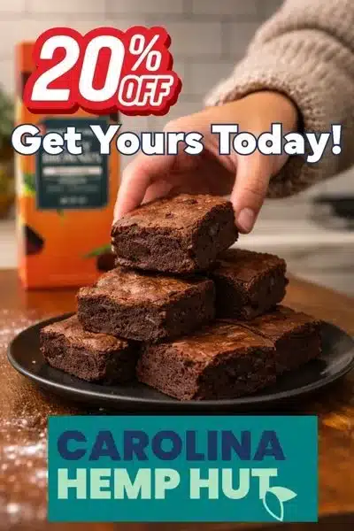 Hand reaching for a fudgy Hometown Hero Delta-9 THC brownie on a plate during a 20 percent off sale at Carolina Hemp Hut.