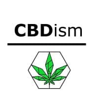 white background with a hexagon on the bottom of the logo with a hemp leaf inside of it. A line over the hexagon and it says CBDism on top of that line.