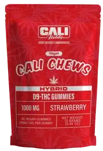Cali Chews in Hybrid Strawberry flavor, with 25mg Delta 9 in a 30ct. bag - The best hemp derived delta 9/8 gummies to buy online