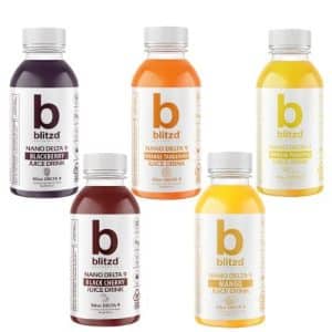 Lineup of Blitzd Delta 9 Juice bottles in five flavors including Blackberry, Orange Tangerine, Black Cherry, Mango, and Tropical Pineapple.