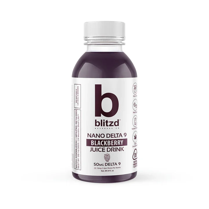 Blitzd Blackberry Delta 9 Juice bottle with 50mg nano THC, showing the dark berry beverage and labeled front panel.