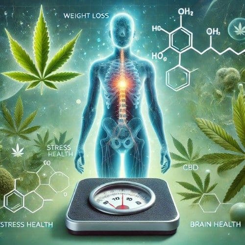 a science looking body form with glowing in the middle with cannabis leaves on the corners also shows a scale.