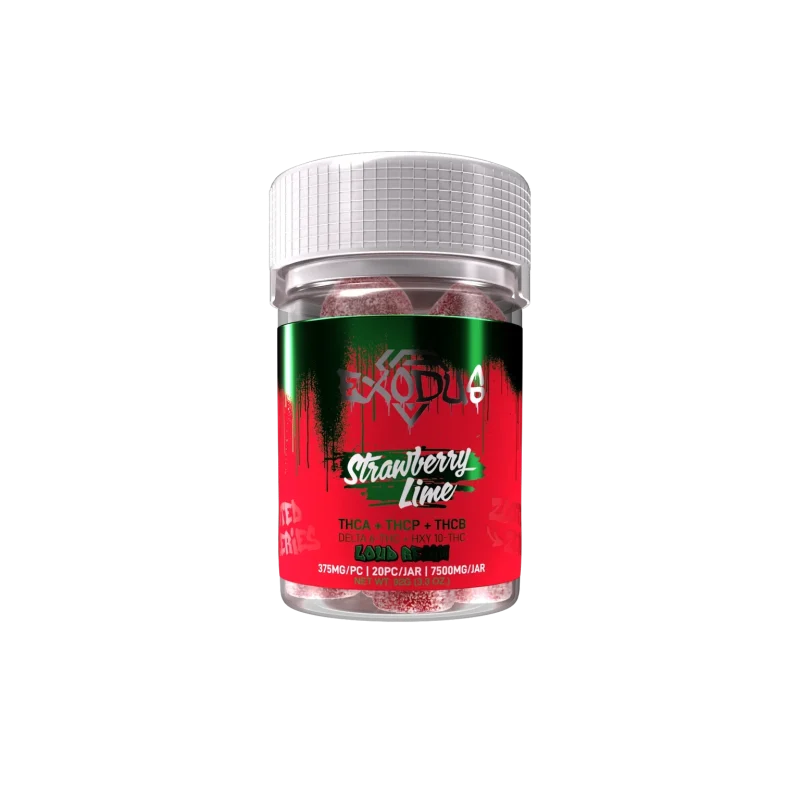 Exodus Loud Resin Zooted Series Gummies with 7500mg THCA + THCP + THCB in Strawberry Lime flavor.