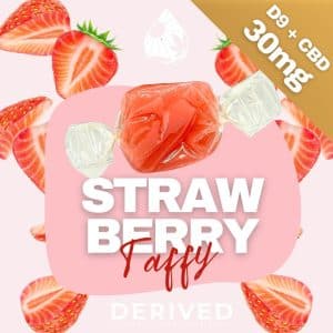 Strawberry Delta 9 and CBD 30mg taffy by Derived Creations, wrapped and displayed with fresh berries and product branding to highlight its handcrafted flavor.