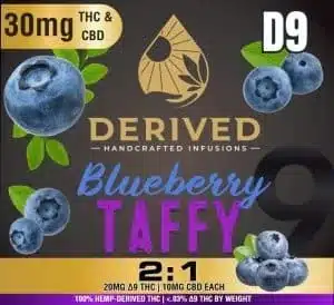 Derived Taffies infused with 20mg Delta 9 and 10mg of CBD per taffy. Available in blueberry, strawberry and mango.