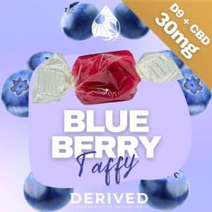 Blueberry Delta 9 and CBD 30mg taffy from Derived Creations, shown with bright blueberries and bold product branding, highlighting its handcrafted edible infusion.