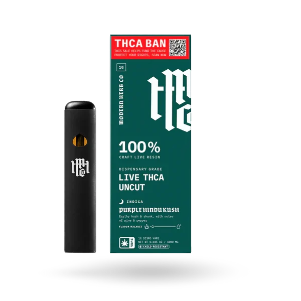 Modern Herb Co. brand Uncut Live Resin THCA disposable vape in Purple Hindu Kush strain 1 gram.