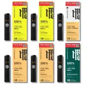 Modern Herb Co THCA Disposable 1g Live Resin Vape Pens shown in six strains, including Maui Wowie, Golden Goat, Rainbow Runtz, Purple Hindu Kush, Wedding Cake, and Dogwalker.