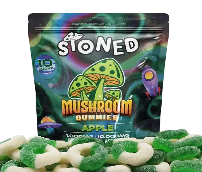 Green Apple Amanita Mushroom Gummies by Stoned in 10-count resealable bag with colorful mushroom art and 10,000 mg label.