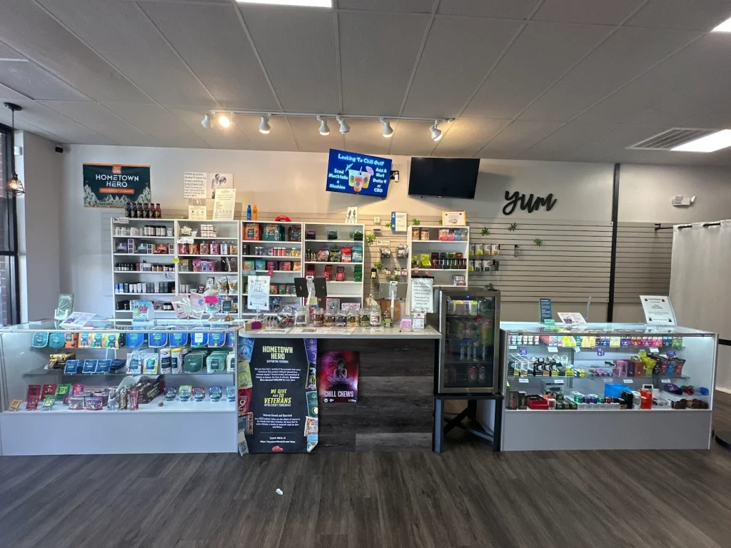 Carolina Hemp Hut main store Hillsborough, focus on the counter with top selling products displayed