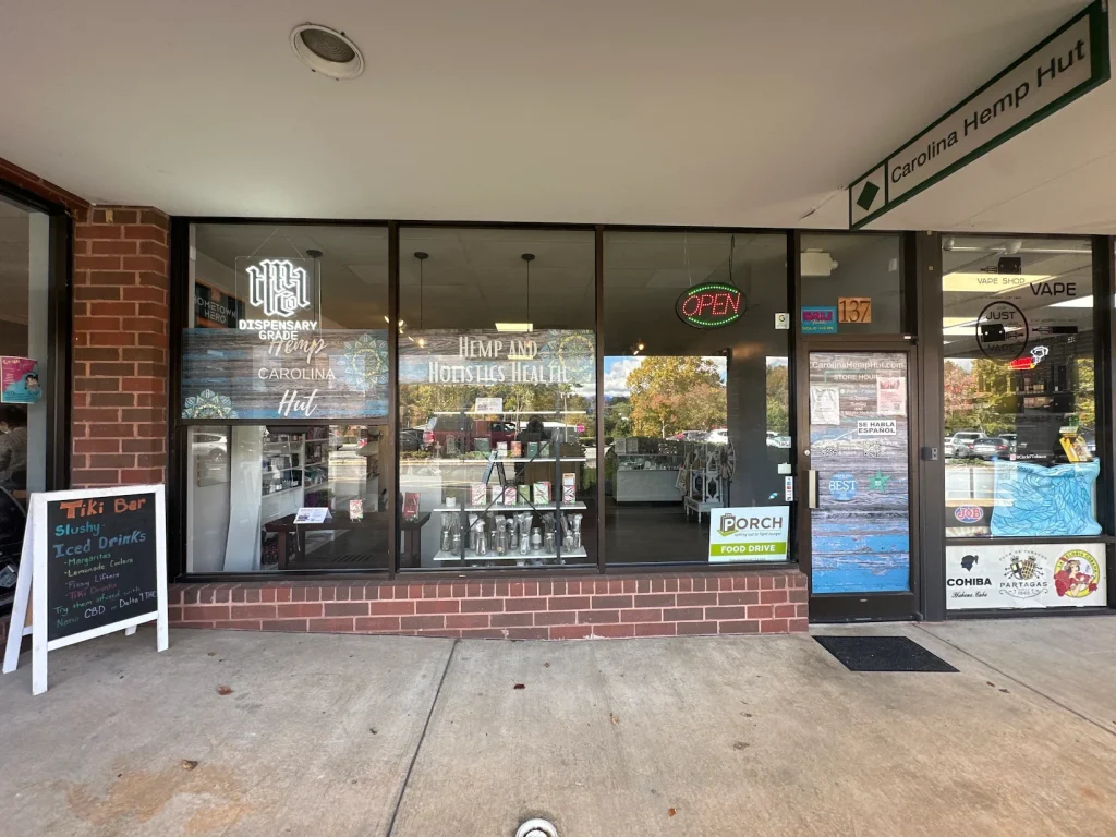 Carolina Hemp Hut main store Hillsborough, storefront with Dispensary grade, holistic health hemp, CBD signage
