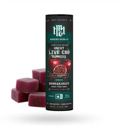 Modern Herb Co Uncut Live CBD Gummies Pomegranate flavor with red gummies 10mg CBD full spectrum indica