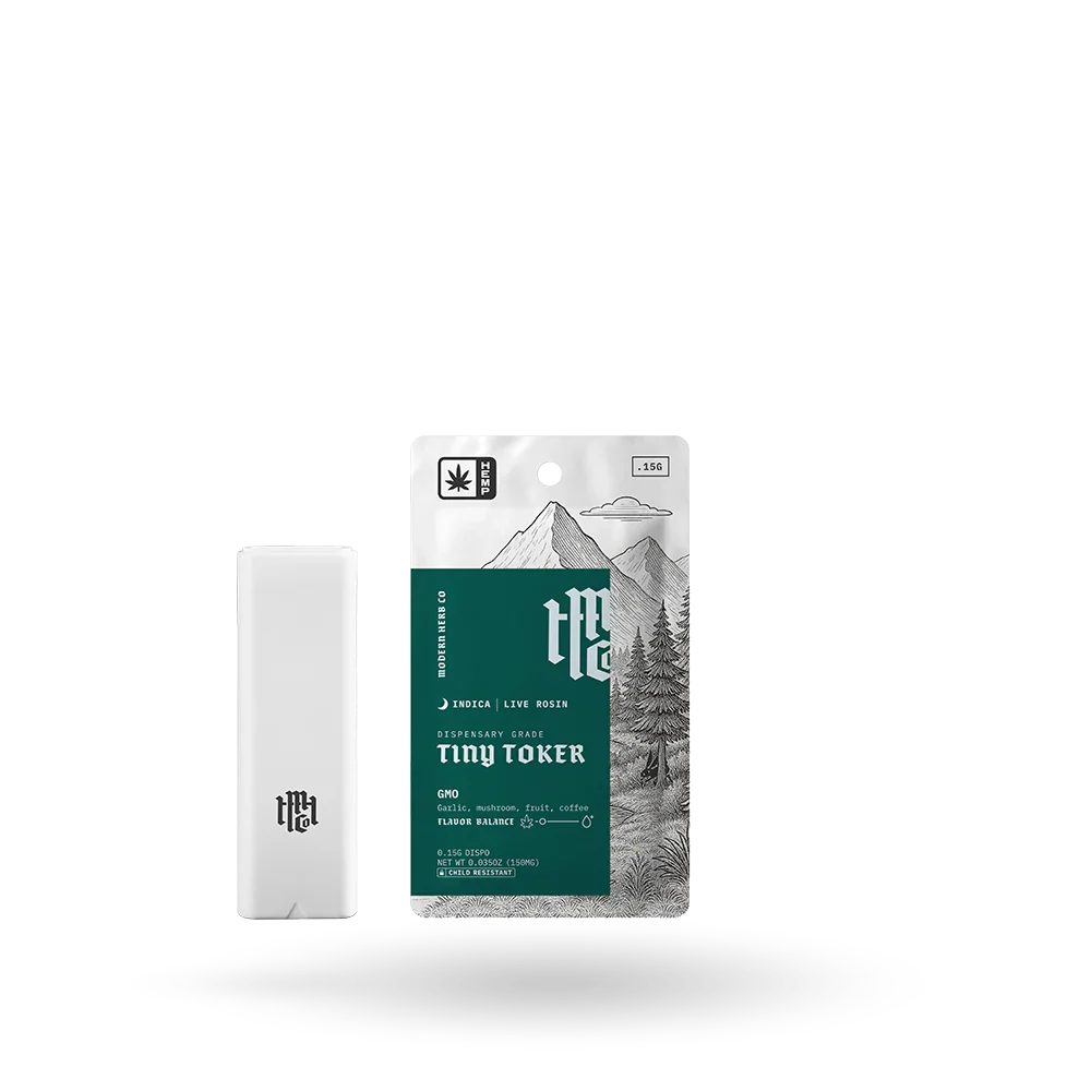 Modern Herb Co Tiny Toker THCA Vape .15 g in GMO Indica, highlighting the green packaging, mini disposable design, and solventless rosin crafted for deep, earthy flavor.