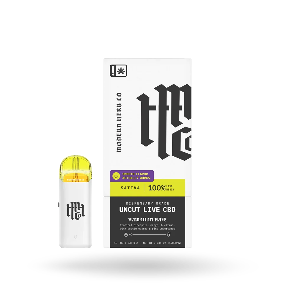 Modern Herb Co Uncut Live CBD Hawaiian Haze Sativa 1g Pod Kit featuring pod and packaging in bright tropical tones.