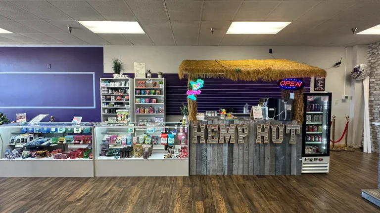Wide view of the Carolina Hemp Hut Durham counter and product displays.