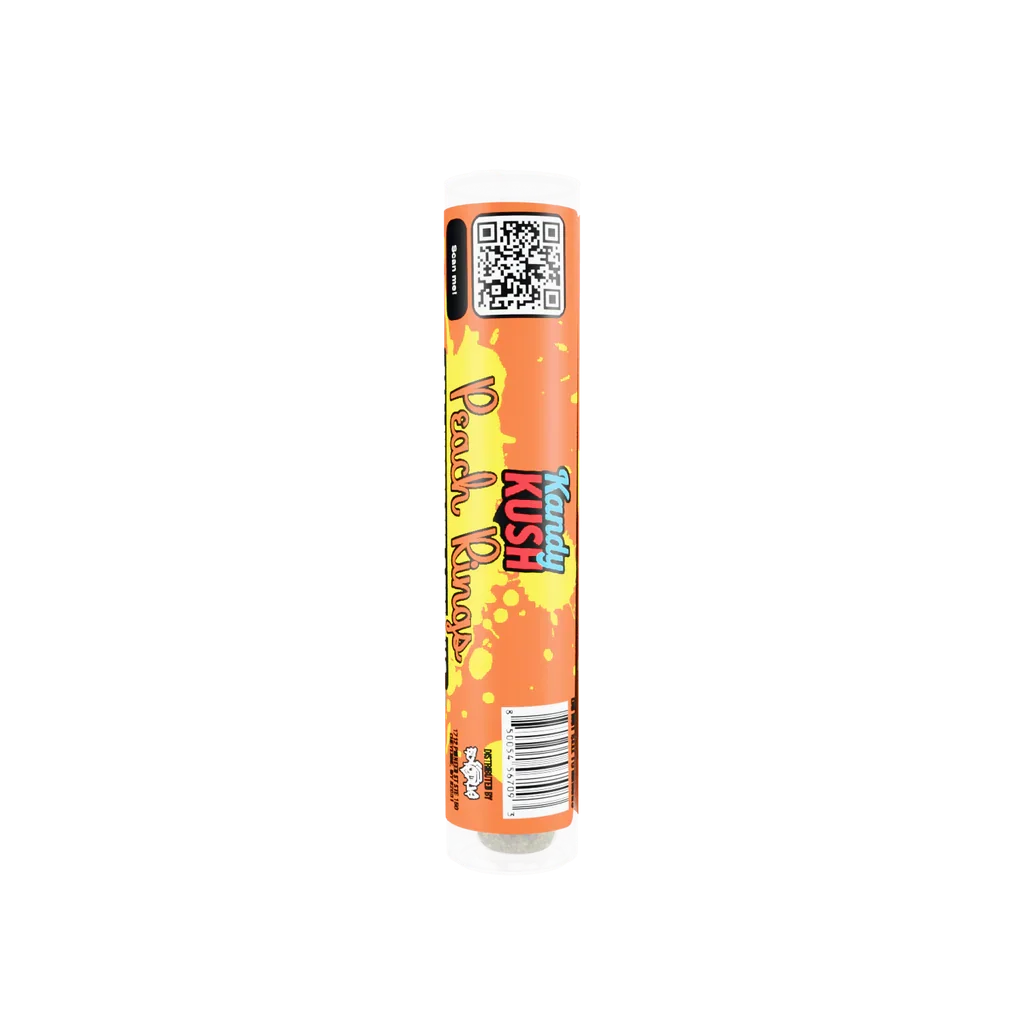 Peach Rings flavored Exodus Kandy Kush THCA preroll in orange and yellow gradient tube packaging
