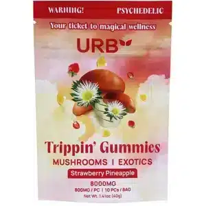 Front of Urb Trippin’ Gummies Strawberry Pineapple 8000mg bag featuring mushrooms and fruit design, available at Carolina Hemp Hut in Hillsborough, NC.
