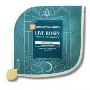 Hometown Hero Northern Lights Live Rosin Delta 9 Gummies pouch showing 5mg THC and 5mg CBD indica-dominant formula.