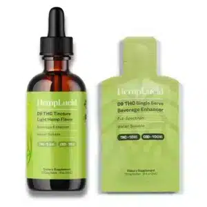 Hemplucid Delta 9 THC Beverage Enhancer in Hillsborough NC showing both the tincture and single-serve sachet for drink infusion.