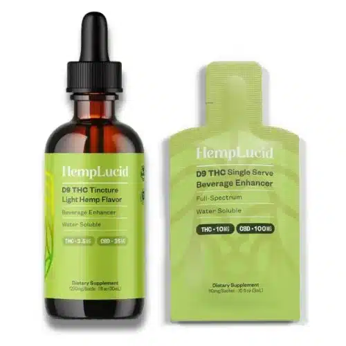 Hemplucid Delta 9 THC Beverage Enhancer in Hillsborough NC showing both the tincture and single-serve sachet for drink infusion.