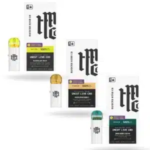 Modern Herb Co Uncut Live CBD 1g Pod Kit in Hawaiian Haze, Sour Pineapple, and Pineapple Kush displayed with pods and packaging.