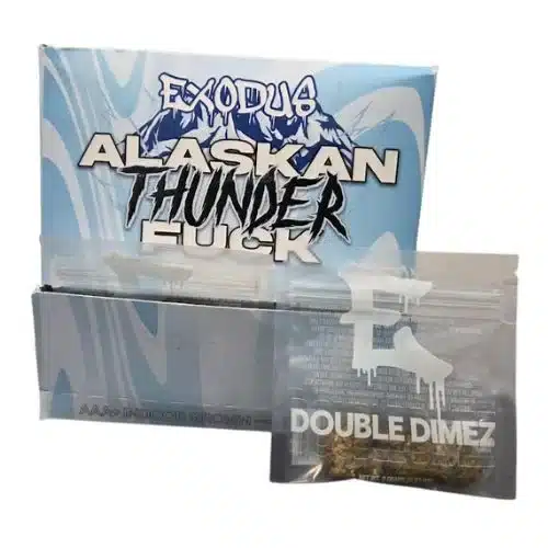 Alaskan Thunder strain indoor grown THCA flower, Double Dimez in Exodus display packaging