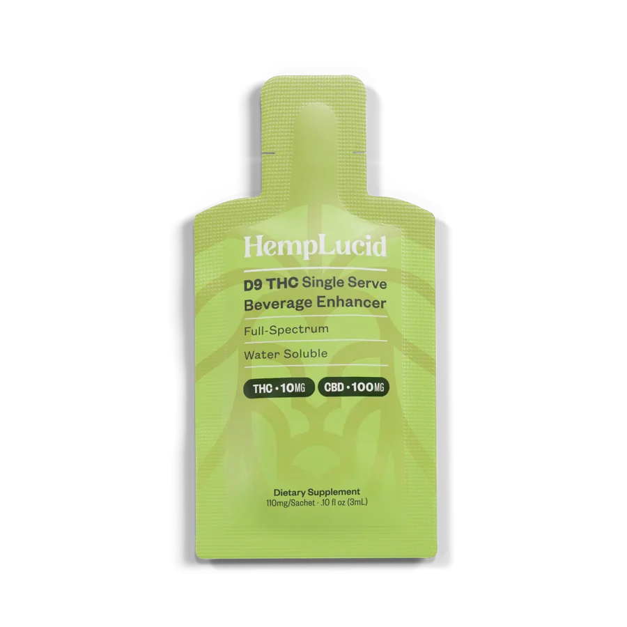 Hemplucid Delta 9 THC single-serve beverage enhancer sachet front view, full-spectrum and water-soluble formula.